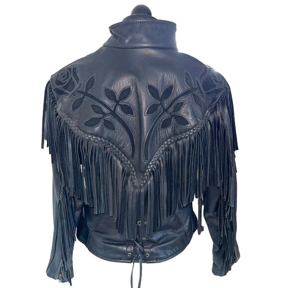 Classic Leather Riverside Vintage Womens Jacket Size 10 Black Fringe Motorcycle - Picture 2 of 8
